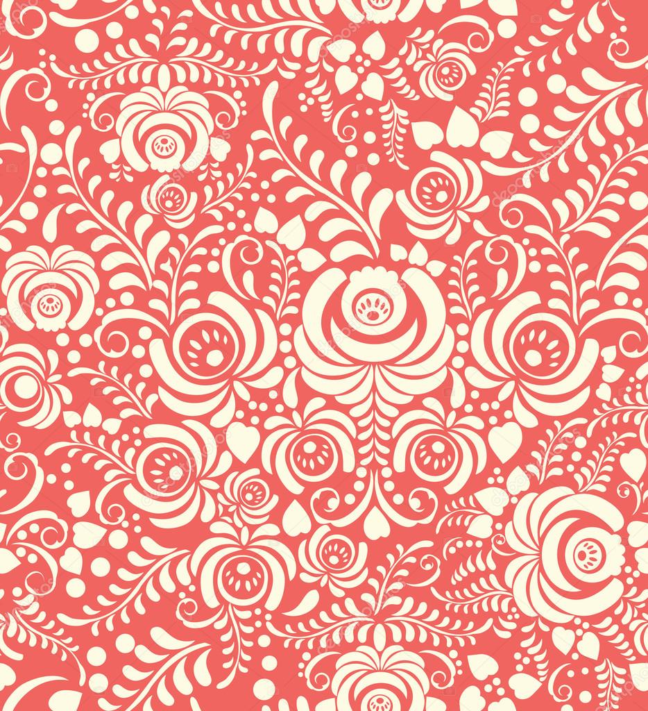 White and pink seamless pattern in Russian style gzhel