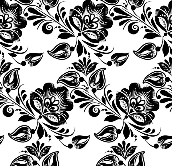 Lace black seamless pattern with flowers on white background — Stock Vector