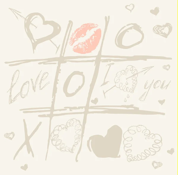 Vector Tic Tac Toe Hearts, fundo Valentine. O dia dos namorados. Coração de amor. Ícones desenhados à mão símbolos . — Vetor de Stock