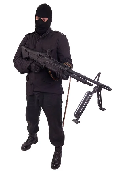 Militant Black Uniform Machine Gun Isolated White Background — Stock Photo, Image