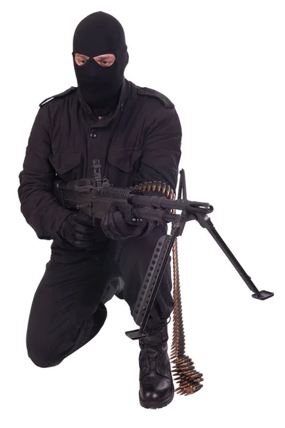 Militant Zwart Uniform Met Machinegeweer Geïsoleerd Witte Achtergrond — Stockfoto