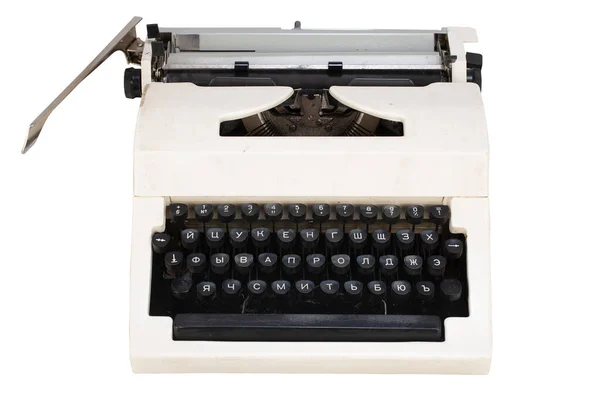 Máquina Escrever Branca Com Layout Teclado Cirílico Urss Era Isolado — Fotografia de Stock