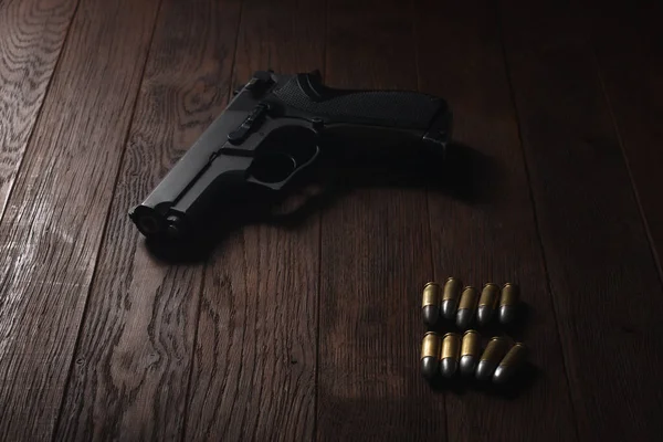 Semi Auto Handgun Cartridges Wooden Table — Stock Photo, Image