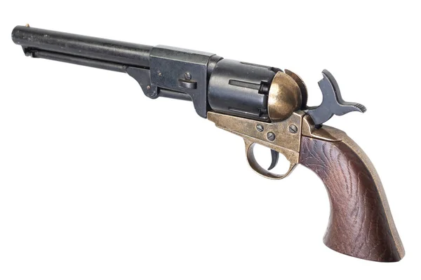 Old West Gun Péro Uzamčený Armádní Revolver Izolované Bílém Pozadí — Stock fotografie