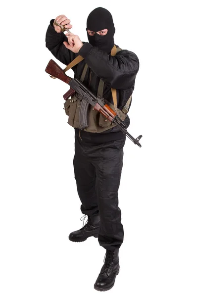 Terrorist with kalashnikov and hand grenade — Stock Photo, Image