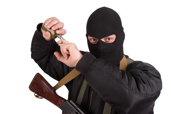 Террорист с калашниковым и ручной гранатой — стоковое фото