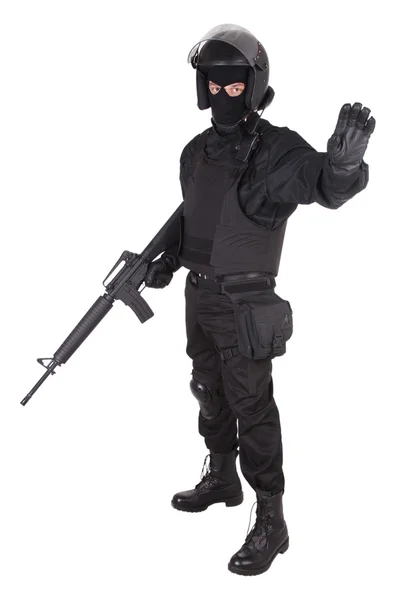 Forças especiais sodier em uniforme preto — Fotografia de Stock