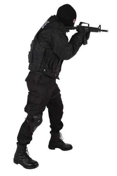 Police special forces officer in black uniform — Stock Photo, Image