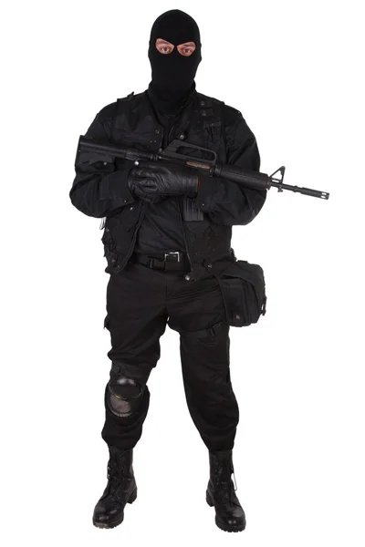 Police special forces officer in black uniform — Stock Photo, Image