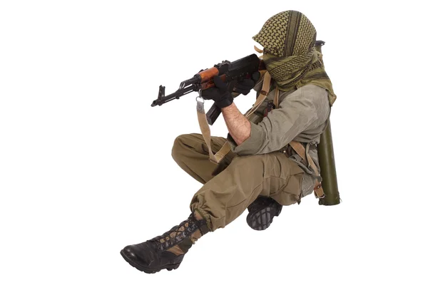 Insurgent wearing keffiyeh with AK 47 gun — Stock Photo, Image