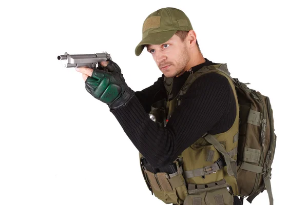 Mercenario con pistola sobre fondo blanco — Foto de Stock