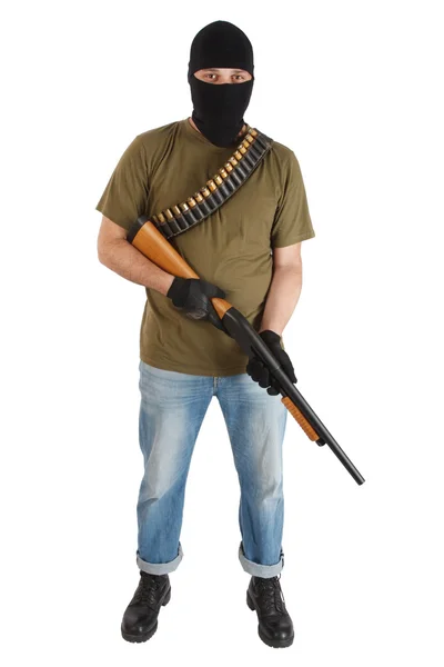 Robber in black mask with shotgun — Stock Photo, Image