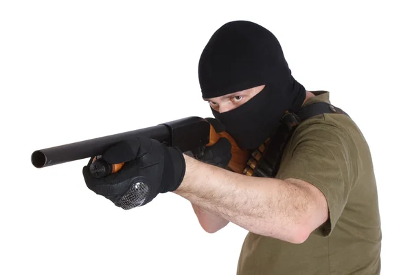 Robber in black mask with shotgun — Stock Photo, Image