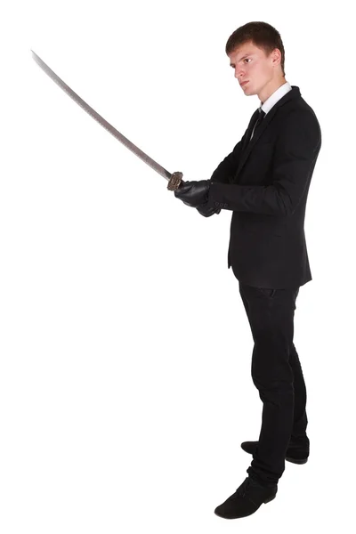 Man in black suit and katana sword — Stock Photo, Image