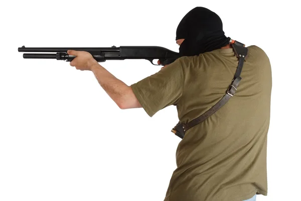 Robber in black mask with shotgun — Stock Photo, Image