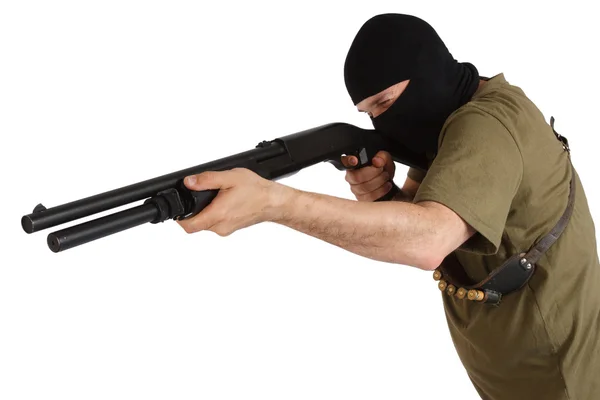 Robber in black mask with shotgun — Stock Photo, Image