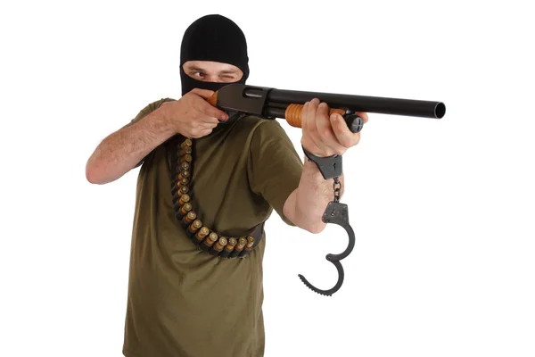 Robber in black mask with shotgun — Stock Photo, Image