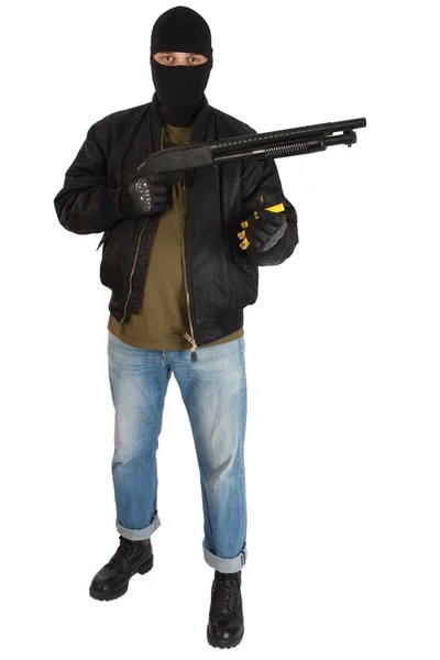 Robber in black mask with shotgun — Stock Photo, Image