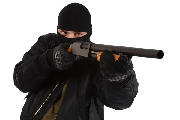 Robber in black mask with shotgun — Stock Photo, Image