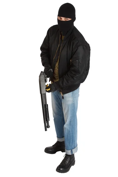 Ladrón en máscara negra con escopeta — Foto de Stock