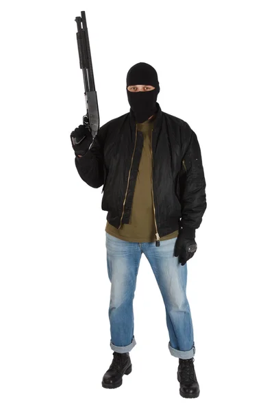 Ladrão em máscara preta com espingarda — Fotografia de Stock
