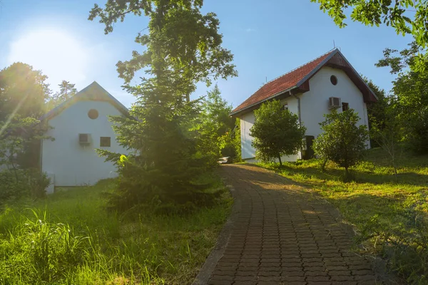Güneşli bir yaz gününde küçük kır evlerine giden bir yol.