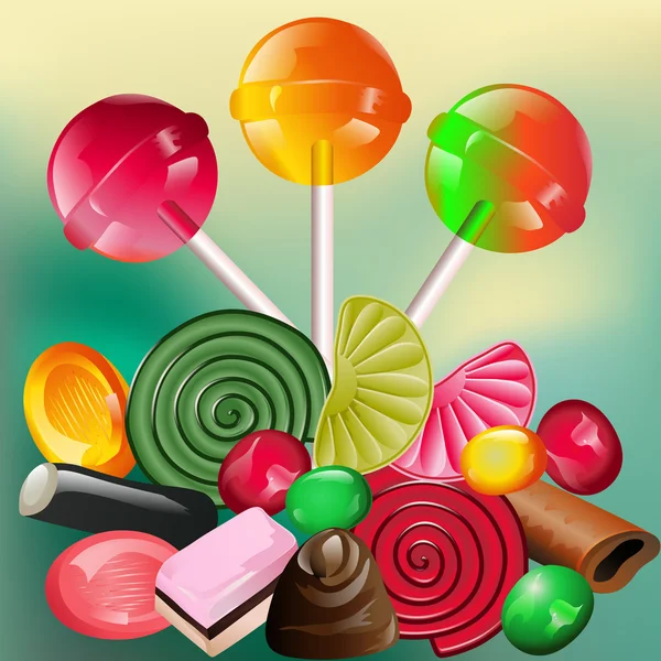 Background with different sweets: liquorice, caramel, chocolate, jelly beans — Stock Vector