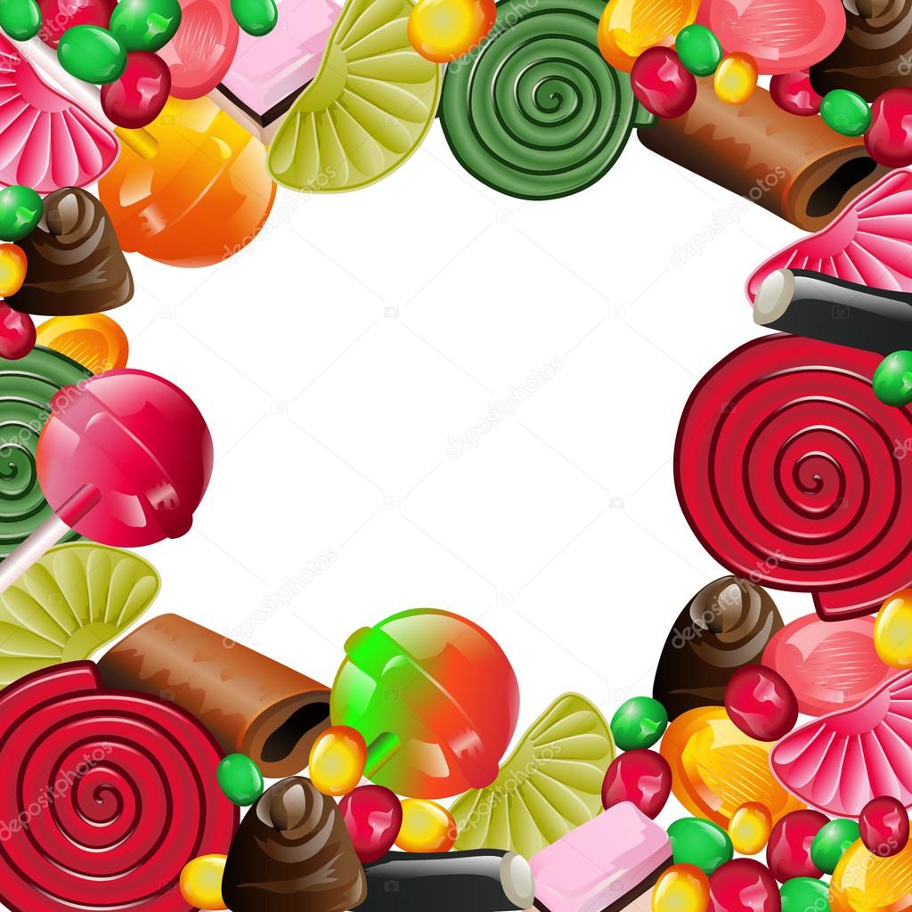 Background with different sweets: liquorice, caramel, chocolate, jelly beans