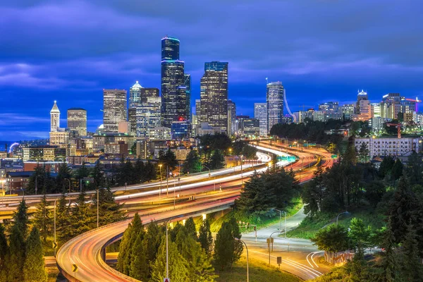 Seattle Washington Eua Skyline Centro Cidade Rodovias Entardecer — Fotografia de Stock