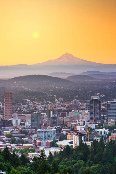 Portland Oregon Usa Skyline Skymningen Med Huva Fjärran — Stockfoto