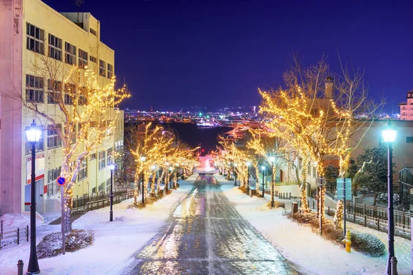 Hakodate Hokkaido Japan Hachiman Zaka Sluttning Med Semesterbelysning Natten — Stockfoto