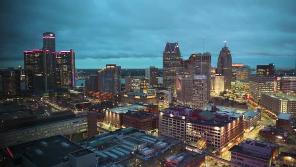 Detroit Michigan Eua Skyline Centro Cidade Cima Entardecer — Vídeo de Stock