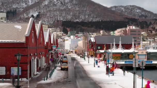 Hakodate Japan February 2017 역사적 지구에서 관광객들이 눈내리는 저녁을 즐긴다 — 비디오