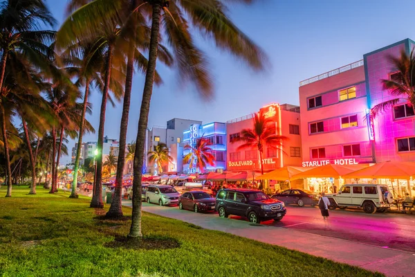 Miami Florida 2016年7月5日 ヤシの木がオーシャンドライブを走る サウスビーチを通る幹線道路であり 独特のアート デコ建築で知られている — ストック写真
