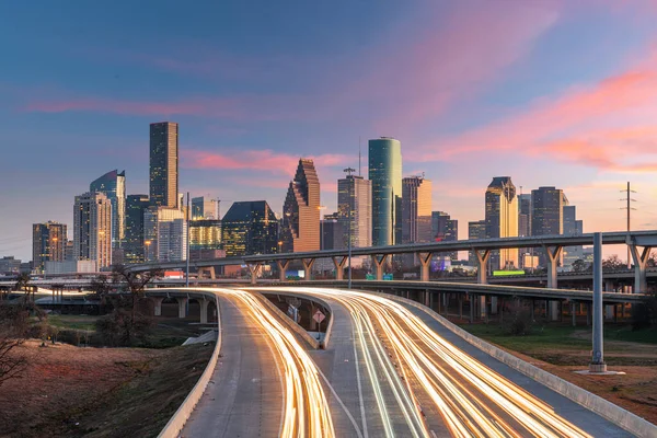 Houston Texas Usa Skyline Céntrico Sobre Las Carreteras Atardecer —  Fotos de Stock