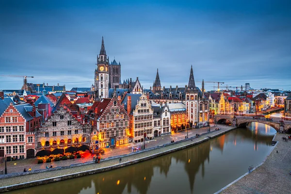 Gent Belgie Staré Město Městská Krajina Oblasti Graslei Soumraku — Stock fotografie