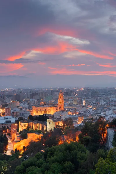 黄昏时位于西班牙马拉加大教堂 市政厅和马拉加Alcazaba城堡的城市景观 — 图库照片