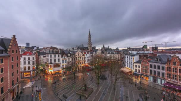 Bruselas Bélgica Plaza Horizonte Con Torre Del Ayuntamiento Atardecer — Vídeos de Stock