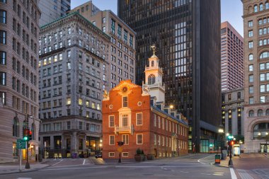 Boston, Massachusetts, USA cityscape at the Old State House at dusk. clipart