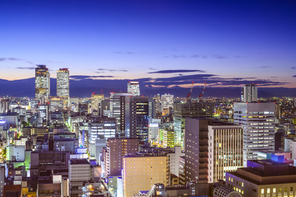 Nagoya, Japan downtown cityscape at twilight.