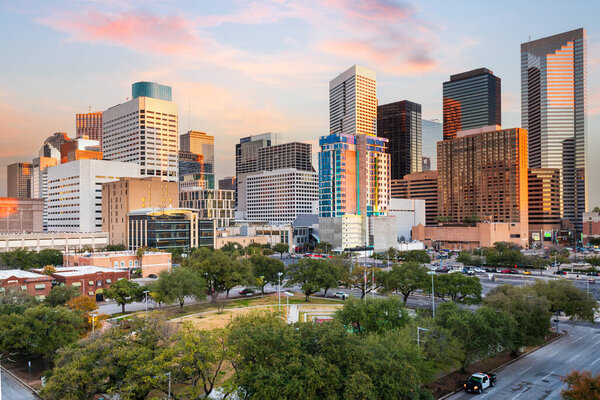 Houston, Texas, USA downtown park and skyline at twilight. 