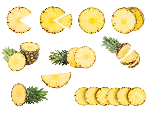 Ananas Set Rund Und Keilförmig Stücke Geschnitten Isoliert Auf Weißem — Stockfoto