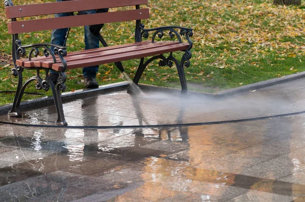 Water Jet Wash Sidewalk Park Clean Wet — Stock Photo, Image