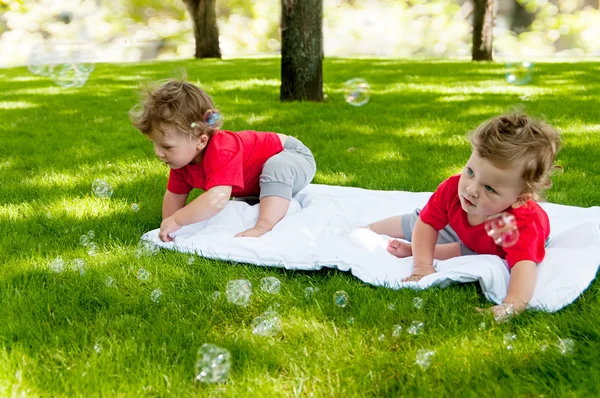 Děti dvojčata hrát na trávě — Stock fotografie