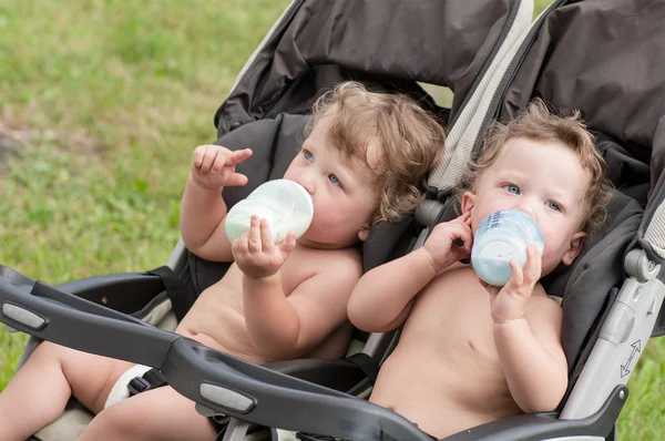 Twins suck a bottles with milk — Stock Photo, Image