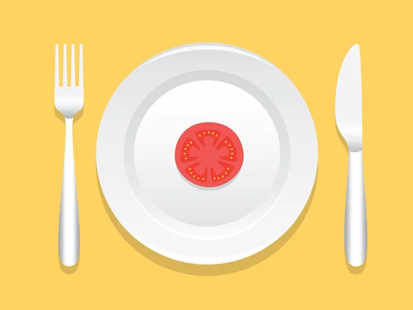 Middag silverföremål med plattan och tomat skiva — Stock vektor