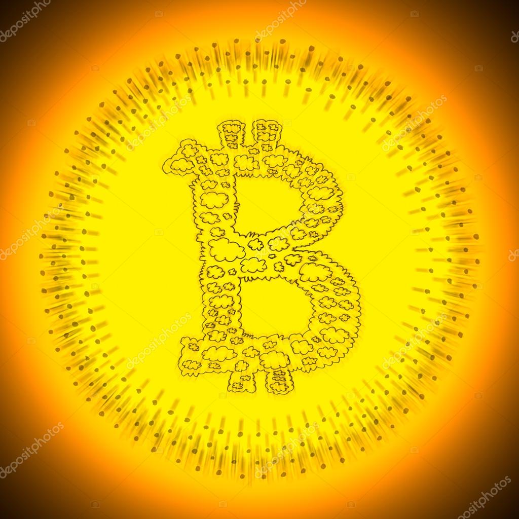 Golden radiant cryptocurrency Bitcoin illustration. Logo of a digital decentralized crypto currency coin.