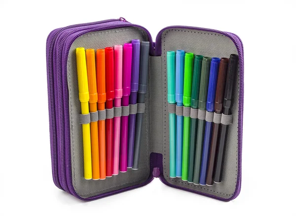 Open pencil box with crayons isolated — Stock Photo, Image