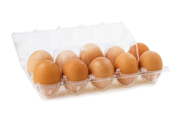 Huevos marrones en la caja de plástico sobre blanco —  Fotos de Stock