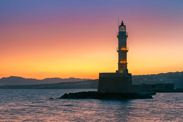 Lighthouse at sunrise, Chania, Crete, Greece — Stock Photo, Image